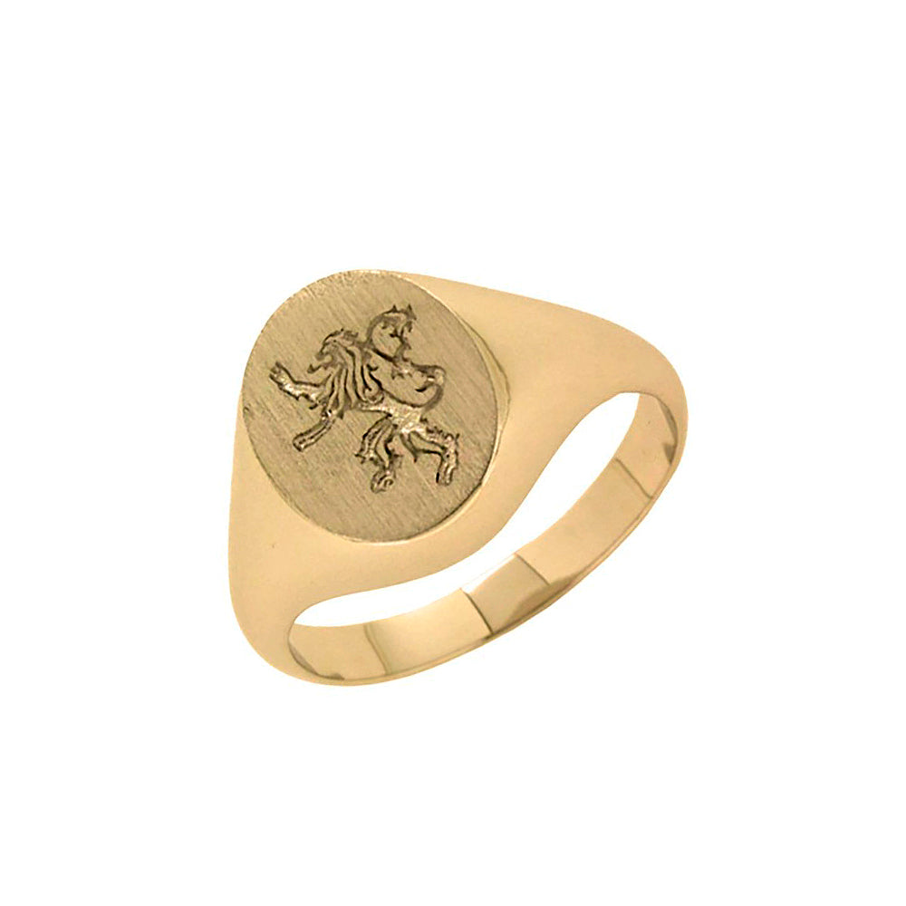 9kt Yellow Gold oval Gents ring with engraved Lion