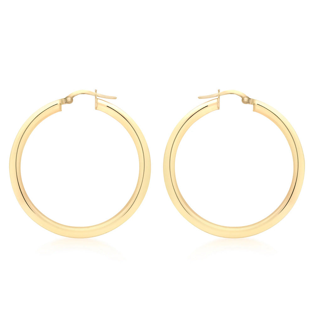 9K Yellow Gold 3mm Round Hoop Earrings 35mm