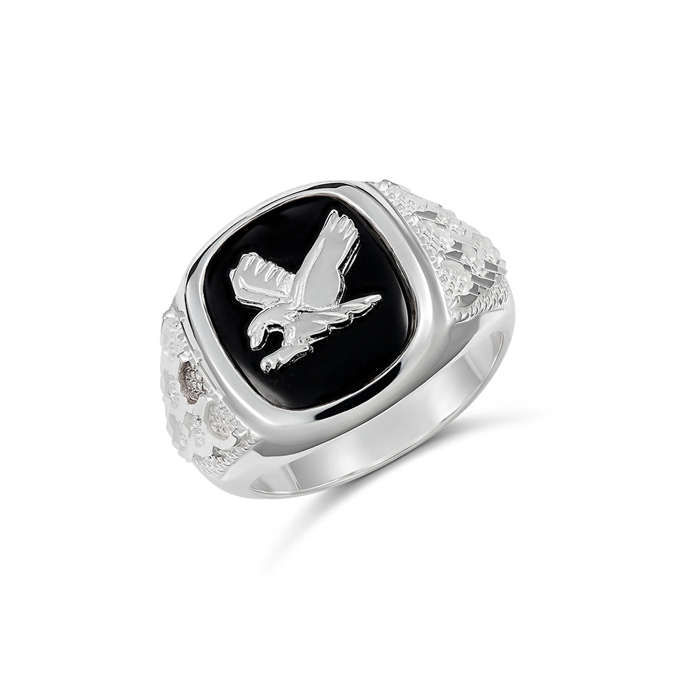 Sterling Silver 14x12mm cushion Black Onyx Gents ring with Sterling Silver Eagle